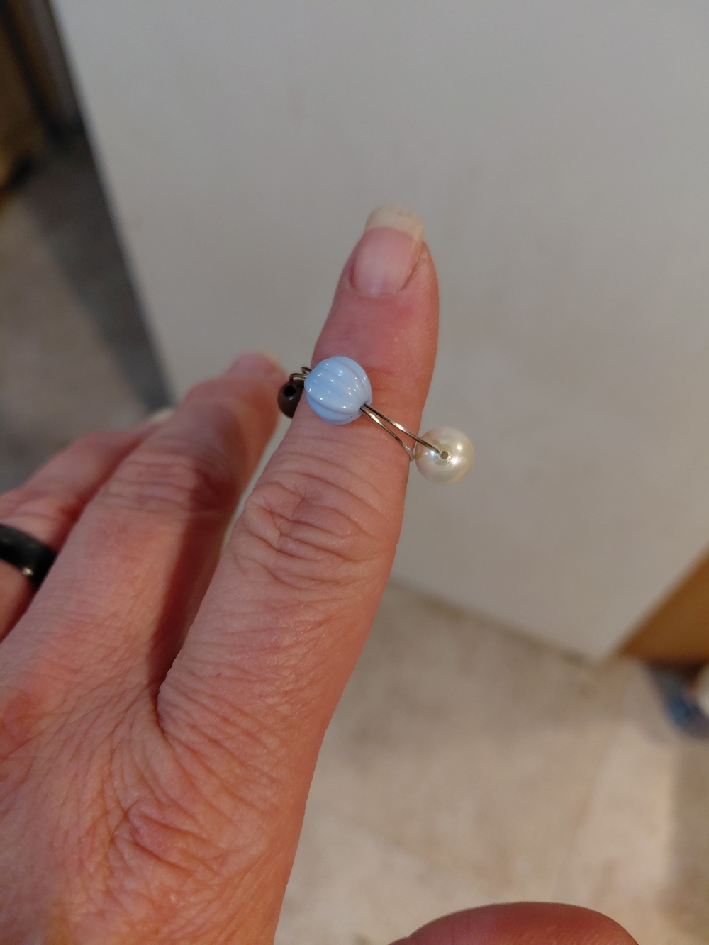 Open Ring with Light Blue Glass Bead and Pearl Accent